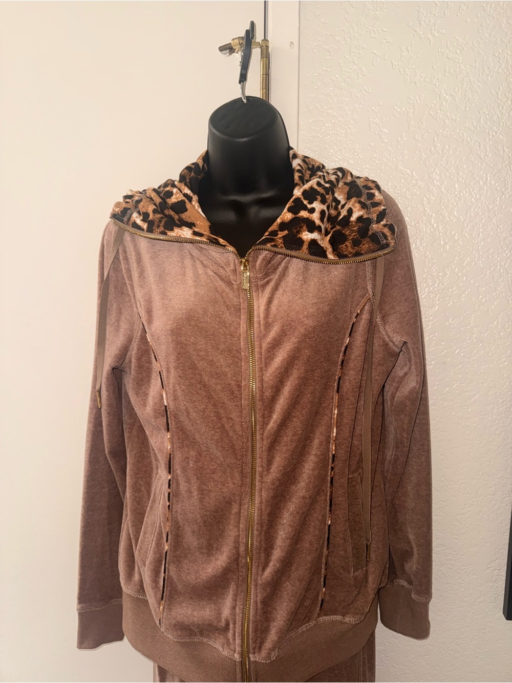 Calvin Klein Velour Tracksuit Set Brown Leopard Print Hood Gold Zip Y2K Size S - Picture 8 of 12